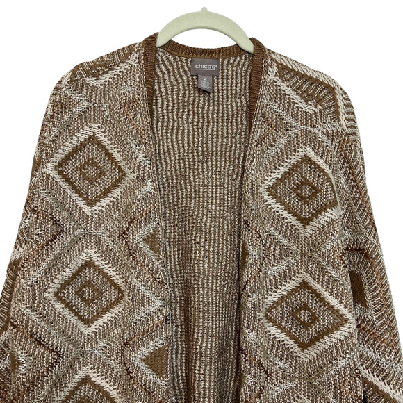 Chicos Womens Cardigan Large Gold Metallic Ivory Beige Open Front Lightweight - Picture 2 of 6